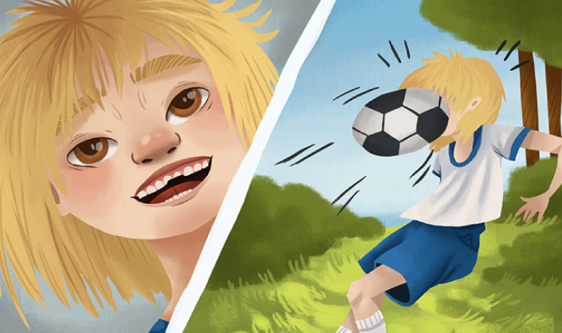 Cartoon image of a blond child getting a soccer ball in the face in one frame and sporting a chipped tooth in the other frame