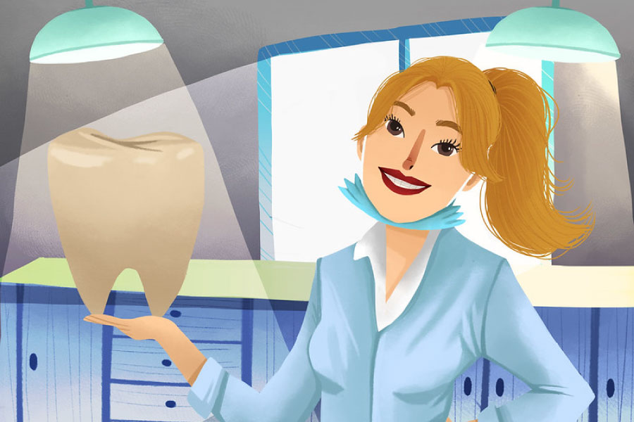 Cartoon of a smiling female dentist holding a giant model of a tooth. 