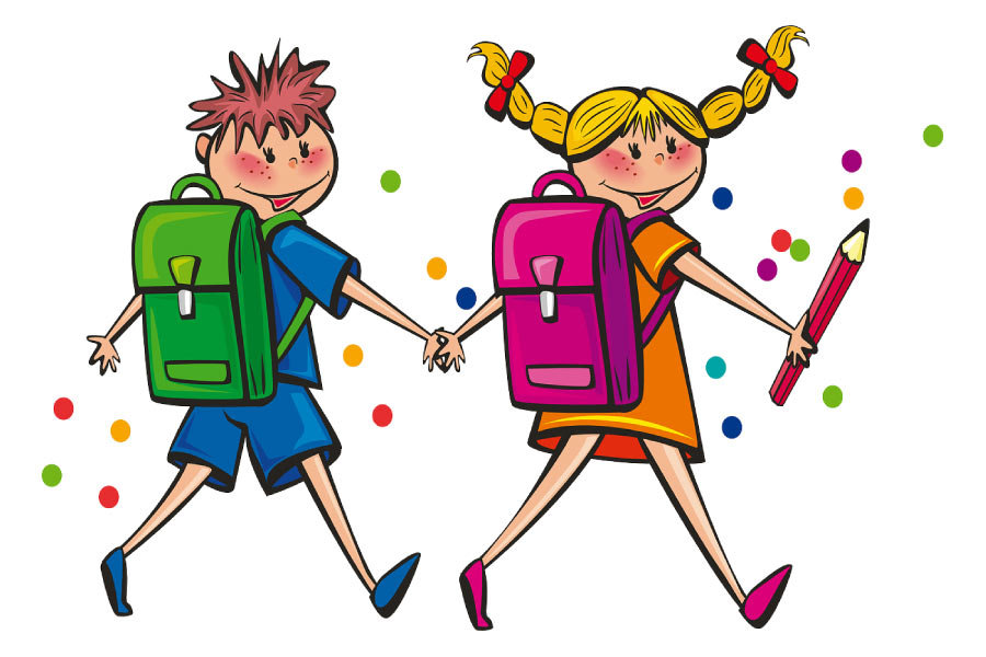 Cartoon of a young boy and girl wearing backpacks and holding hands as they head back to school.