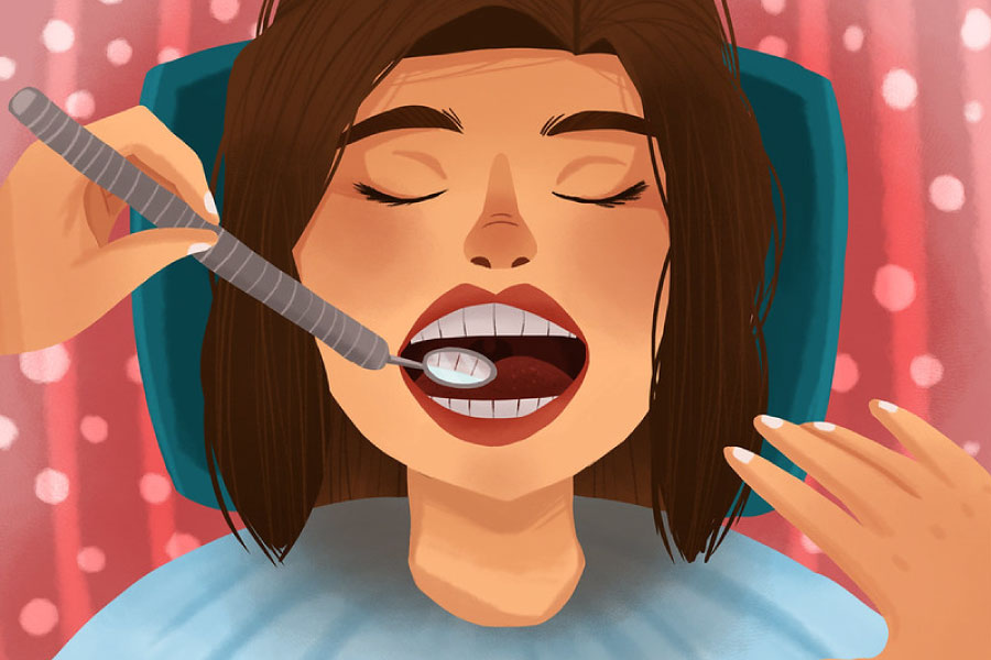 Cartoon of a woman in the dental chair for a teeth cleaning and dental exam.