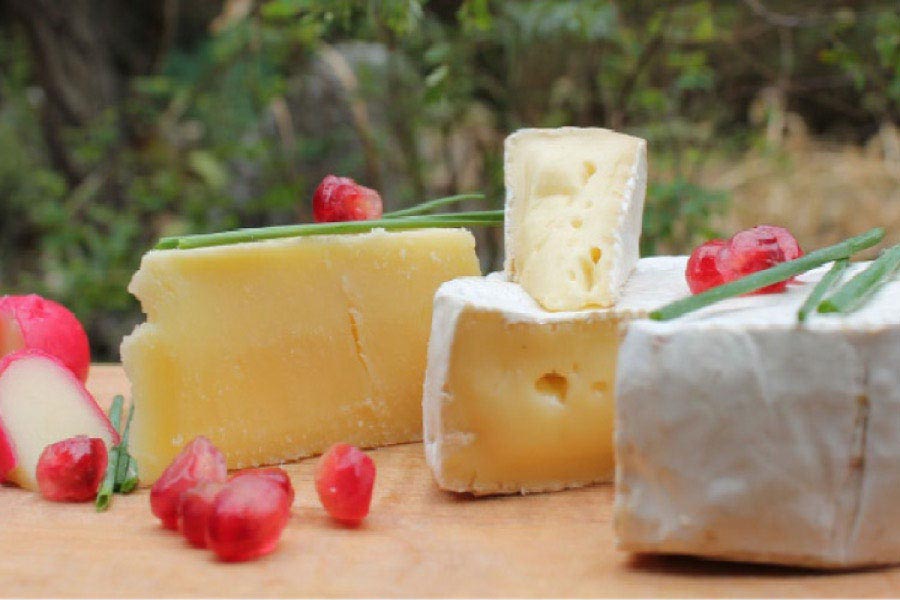 cheese and fruit on a cutting board